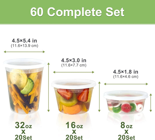 60 Sets (120-Piece) Deli Containers with Lids, 32/16/8 oz X 20 Set Each, Leak-Proof & BPA Free Airtight Takeout Plastic Food Storage Containers for Soup, Freezer/Microwave/Dishwasher Safe