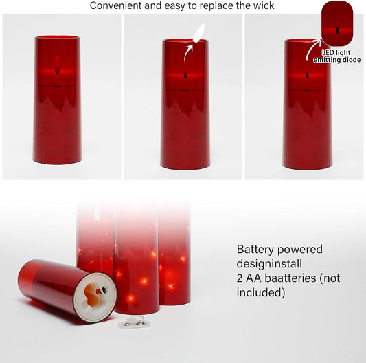 Flameless LED Candles with Timer 5 Pc Flickering Flameless Candles for Romantic Ambiance and Home Decoration Stable Acrylic Shell,with Embedded Star String,Battery Operated Candles(Red)