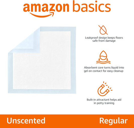 Amazon Basics Leak-Proof Dog and PLppy Potty Training Pee Pads with Quick-Dry 5-Layer Super Absorbent Design, Regular Size 22 x 22 inch, Blue & White, 100 Count