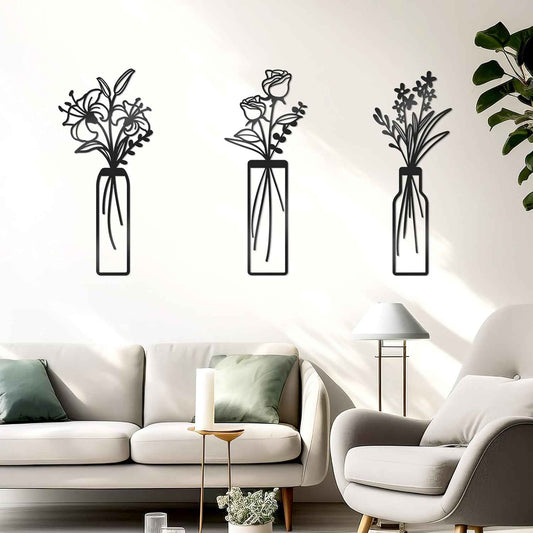 3 Pcs Large Black Metal Flowers and Vases Wall Decor Farmhouse Metal Flowers Wall Art Minimalist Art Flower Arrangement for Living Room Bedroom or Kitchen (Black, Floral C)