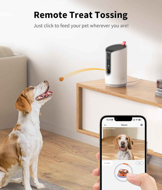 2K Pet Camera Treat Dispenser, 360°View Dog Camera with Phone App, 5G&2.4G WiFi 2-Way Talk Pet Cam Indoor for Cats Remote Treat Tossing, Motion Alerts, Auto Tracking