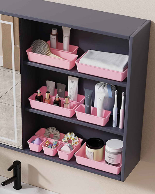 25 PCS Plastic Drawer Organizers Set, 4-Sizes Vanity and Makeup Organizer, Desk and bathroom Drawer Organizer Trays, Organizers and Storage for Makeup, Jewelry, Gadgets, Utensils (Pink)