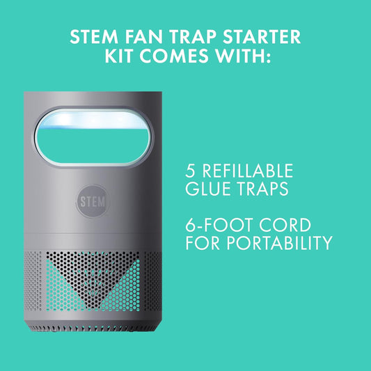 STEM Flying Insect Fan Trap for Indoor Bug Control, Attracts Mosquitoes, Fruit Flies, and House Flies, Plug-in Fan with UV Light, Starter Kit Includes 1 Device and 5 Glue Traps