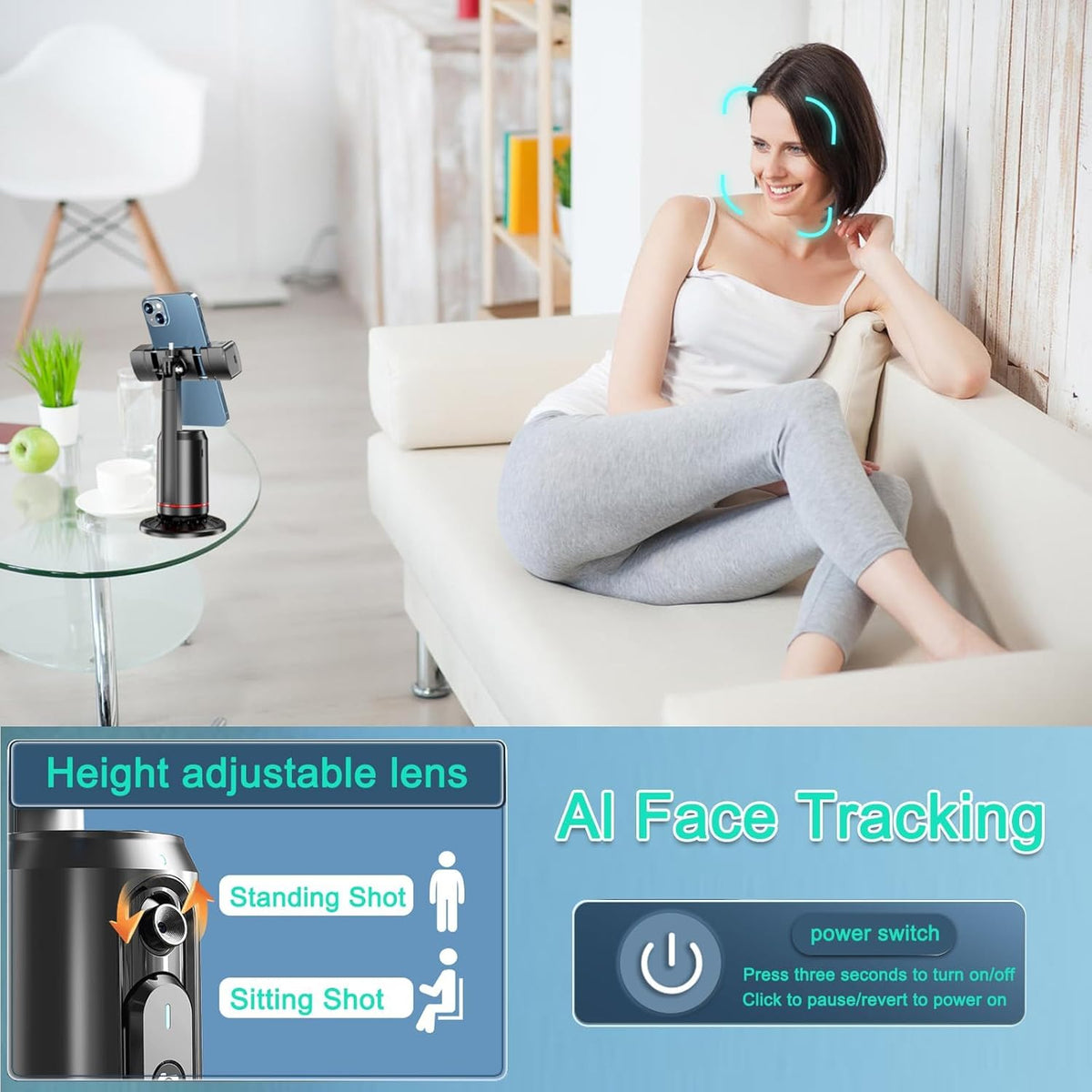 Crienten Auto Face Tracking Tripod 360° Rotating Auto Tracking Phone Stand, No App Required,Phone Camera Stand with Remote,Rechargeable Smart Shooting Stand for Live Video Recording Tiktok - Black