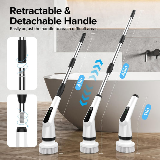 Electric Spin Scrubber, Dreazu IPX7 Shower Scrubber with 7 Replaceable Brush Heads & Retractable Handle, 2-Speed Adjustable Shower Cleaner for Bathroom, Bathtub, Kitchen, Tile Floors
