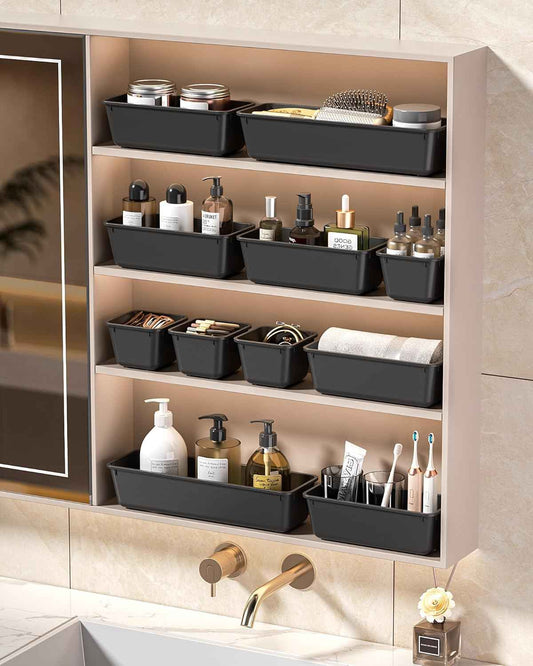 25 PCS Plastic Drawer Organizers Set, 4 Sizes Vanity Organizer, Makeup and Desk Drawer Organizer Trays, Organization and Storage for Makeup, Bathroom, Kitchen Utensils and Office (Black)