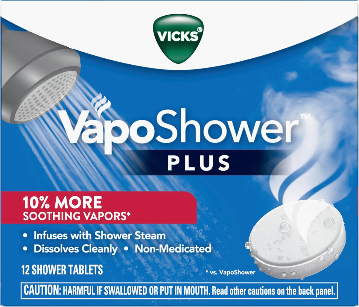 Vicks, VapoShower Plus, Shower Steamers, Eucalyptus Shower Steamer & Menthol Scent, Clean Dissolving Vapor Shower Tablets, Aromatherapy Shower Steamer & Shower Bombs, 12 count