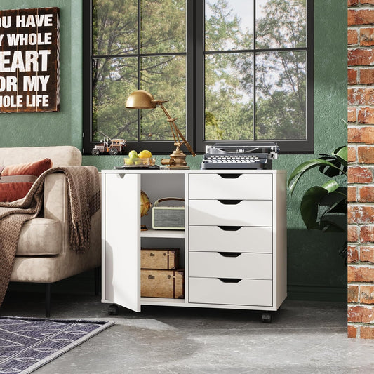 DEVAISE 5-Drawer Wood Drawer Cabinet, Office Storage Cabinet with Adjustable Shelf & Wheels, Printer Stand for Home Office, White