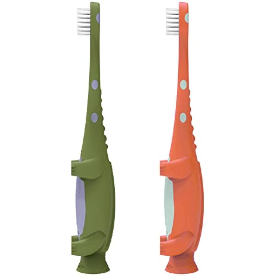 Dr Brown's Baby Toddler Toothbrush Green and Orange Dinosaur 2-Pack Ages 1-4 Years Soft Bristles Suction Cup Base