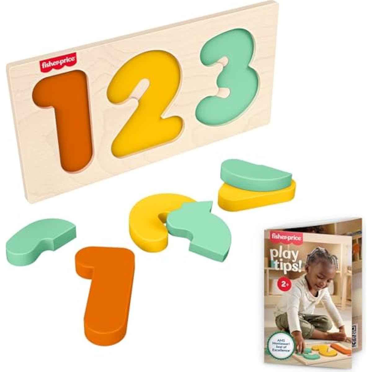 Fisher-Price Wood Montessori Toy 1-2-3 Puzzle, American Montessori Society Seal of Excellence, 6-Piece Wooden Learning Activity & Expert Play Tips for Toddlers & Kids Ages 2+ Years (Amazon Exclusive)