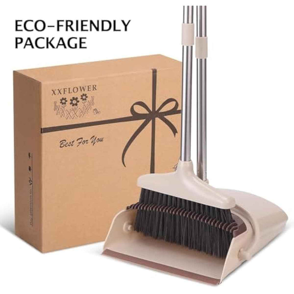 Broom and Dustpan Set with Long Handle, Light Weight Stainless Steel Poles Stand Upright Dustpans with Broom Combo for Home Kitchen Office Pet Dog Hair, Brown & Beige Color, 1-Pack
