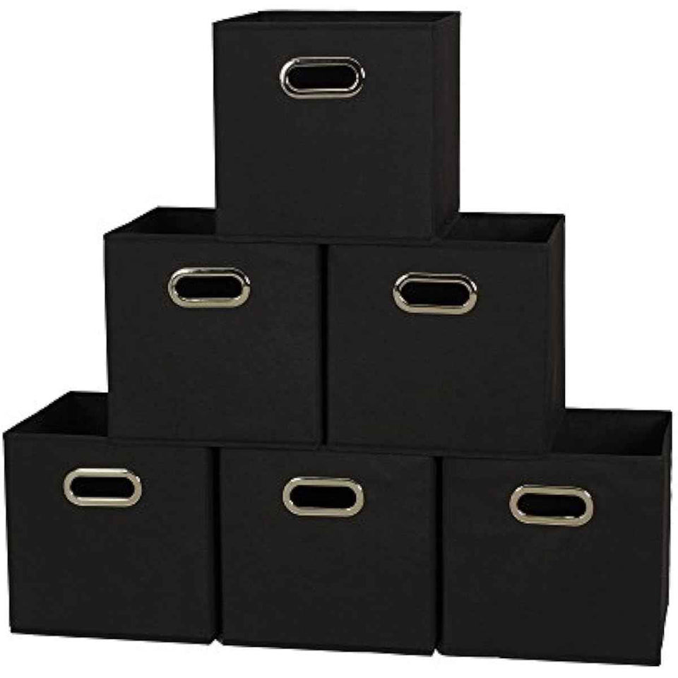 Household Essentials Foldable Fabric Storage Bins 6 Piece Set, Strong Poly-Woven Fabric, Sturdy Chipboard Sides, Grommet Front Handle, Stackable and Foldable, Classic Design, Black