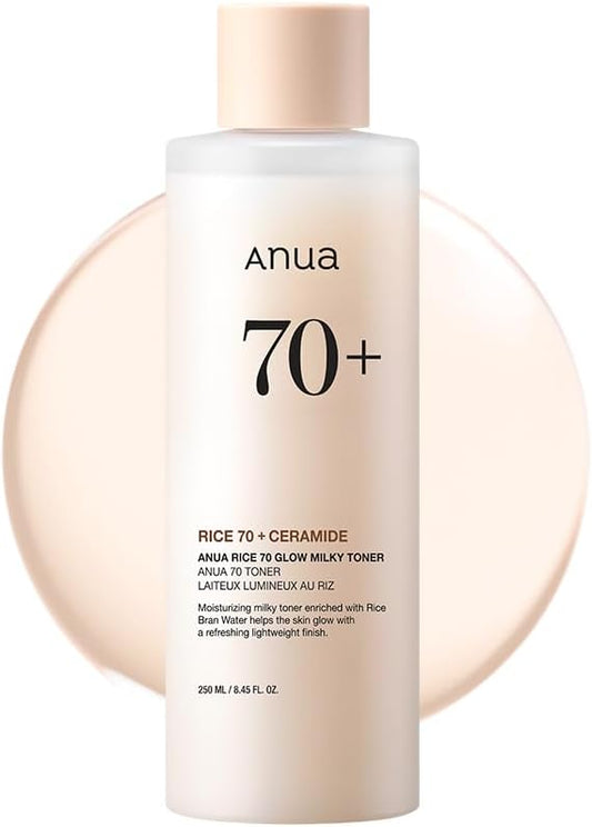 anua rice 70 glow milky toner for glass skin, fragrance-free, non-comedogenic, 250ml/8.45fl.oz