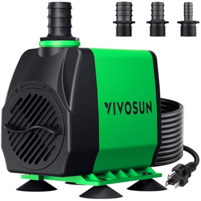 VIVOSUN 800GPH Submersible Pump(3000L/H, 24W), Ultra Quiet Water Fountain Pump with 10ft. High Lift with 6.5ft. Power Cord, 3 Nozzles for Fish Tank, Pond, Aquarium, Statuary, Hydroponics Green