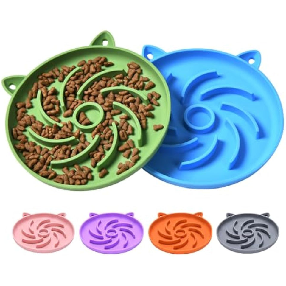 2Pcs Silicone Slow Feeder Cat Bowl,Puzzle Feeder,Interactive Toys,Slow Feeding cat Bowl Suitable for All Dry and Wet Foods,Easy to Clean Silicone Bowls (Green and Blue)