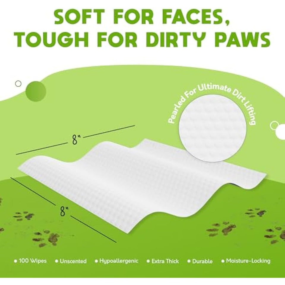 Lick-safe daily pet wipes for dogs and cats, vet-approved, hypoallergenic, unscented, earth-friendly, 100-count