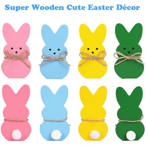 Easter Décor, 4 Pcs Wooden Peep Bunny Decorations for Tiered Tray, Mantel, Farmhouse, Cute Spring Signs for Home, Office, Party Supplies