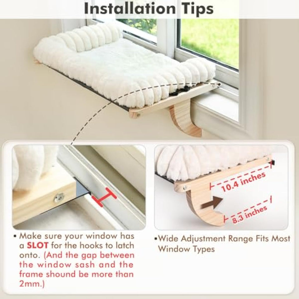 Cloud-Soft cat window perch with zipper cushion, solid wood & metal frame, large cat bed for windows (Large, White)