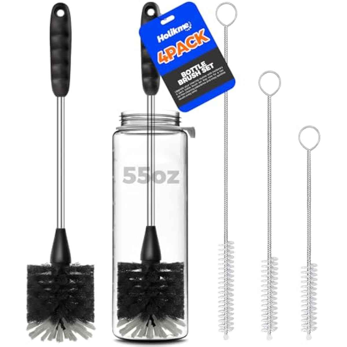 Holikme Bottle Brush Cleaner Set, 14" Long Handle Stainless Steel Bottle Cleaner Brush, 3 Straw Cleaner Brush, Bottle Cleaning Brush for Water Bottle, Cups, Abrasive Wheel Brushes, Straws Black