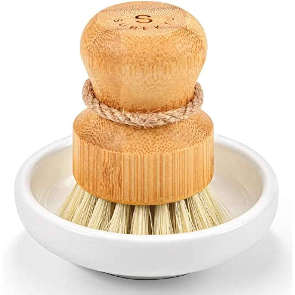 SUBEKYU bamboo kitchen dish scrub brush with natural sisal bristles for gentle cleaning