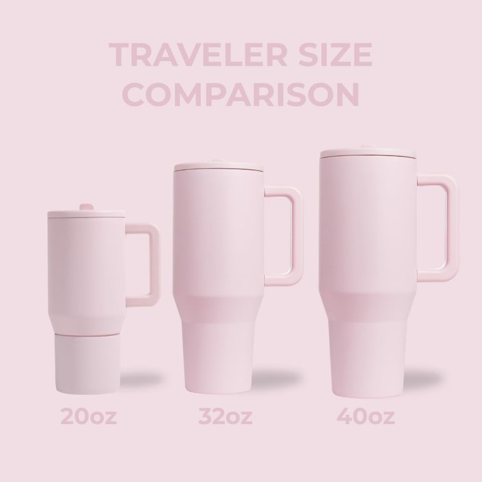 HydroJug Traveler - 32 oz Water Bottle with Handle & Flip Straw - Fits in Cup Holder, Leak Resistant Tumbler-Reusable Insulated Stainless Steel & Rubber Base - Gifts for Women & Men, Pink Sand