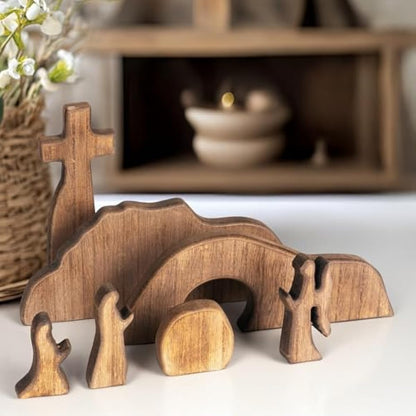 NEROSUN Empty Tomb Easter Scene and Cross Decoration, Wooden Easter Resurrection Scene Cross Jesus Tomb Tray Set, Jesus Nativity Scene Decor for Religious Home Office Tabletop Christian Gifts