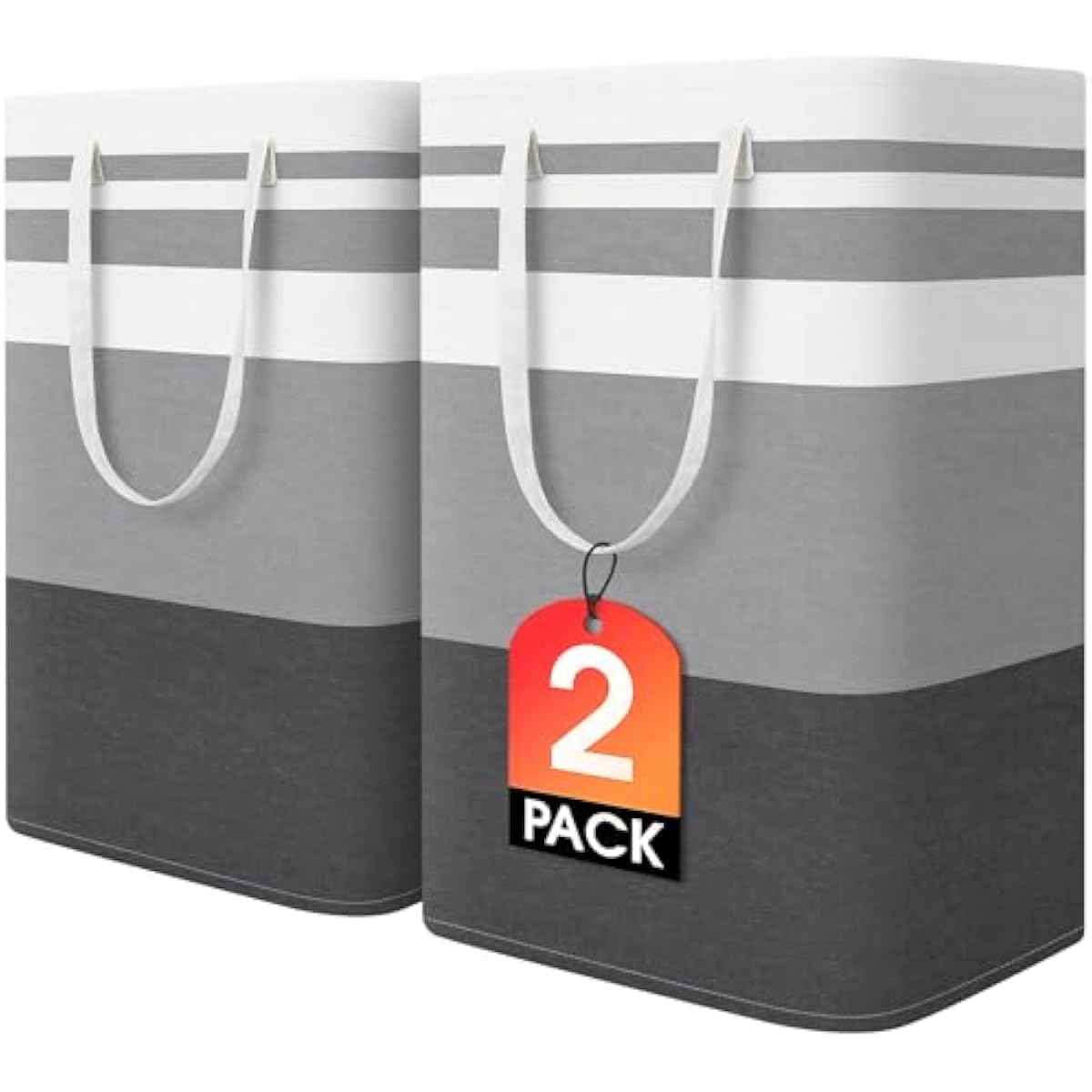 HomeHacks 2 Pack Large Laundry Baskets, Waterproof, Freestanding Laundry Hampers, Collapsible Clothes Hamper with Reinforced Handles in Laundry Room, College Dorm, Bathroom, Bedroom (Grey, 75Lx2)