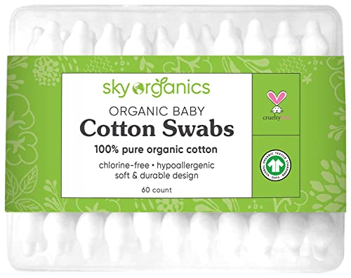 Sky Organics organic baby cotton swabs, 60 count, ultra soft, baby safe tips, strong and durable, hypoallergenic, chlorine free