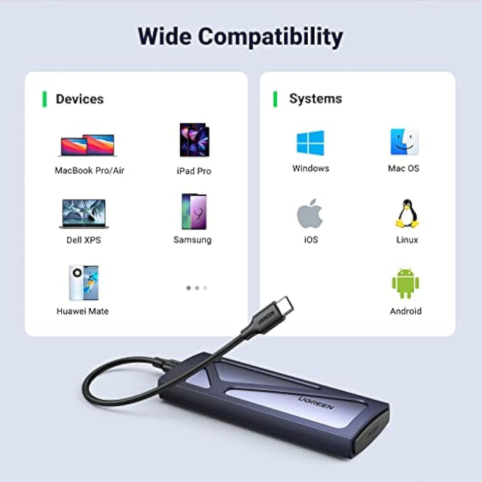 UGREEN SSD Enclosure, Tool-Free USB C External, 10Gbps M.2 NVMe to USB Adapter/Reader Supports M and B&M Keys and Size 2230/2242 /2260/2280 SSDs