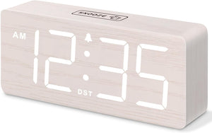 DreamSky Wooden Digital Alarm Clock for Bedroom - Desk Clock for Living Room with Large Numbers, Dimmer, Loud Alarm for Heavy Sleepers with Volume Control, DST, Office Wood Decor (Plug in Clock)