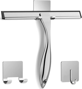 All-PLrpose Stainless Steel Shower Squeegee for Shower Glass Door with 2 Adhesive Hooks, Bathroom Cleaner Tool Household Window Mirror Squeegee , Cleaning Tile Wall, Car, 10 Inch Silver