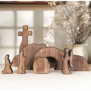 Nerosun wooden Easter resurrection scene and cross decoration set for religious home office tabletop
