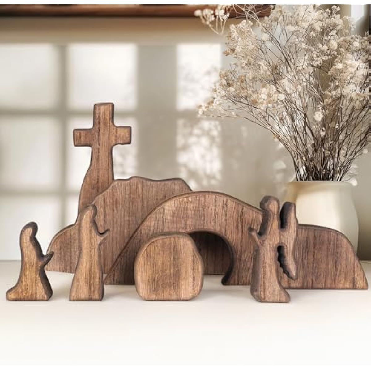 NEROSUN Empty Tomb Easter Scene and Cross Decoration, Wooden Easter Resurrection Scene Cross Jesus Tomb Tray Set, Jesus Nativity Scene Decor for Religious Home Office Tabletop Christian Gifts
