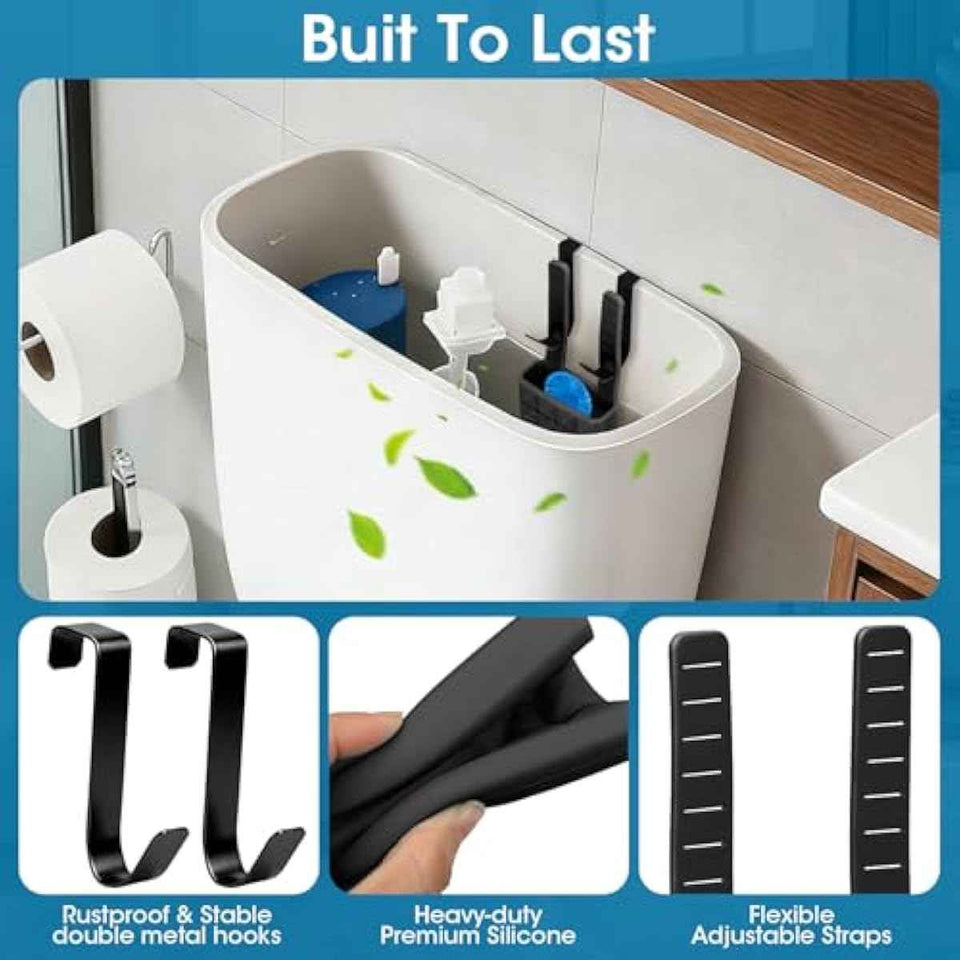 Adjustable toilet tank cleaning tablet holder with rustproof hooks and flexible silicone straps fits standard tanks