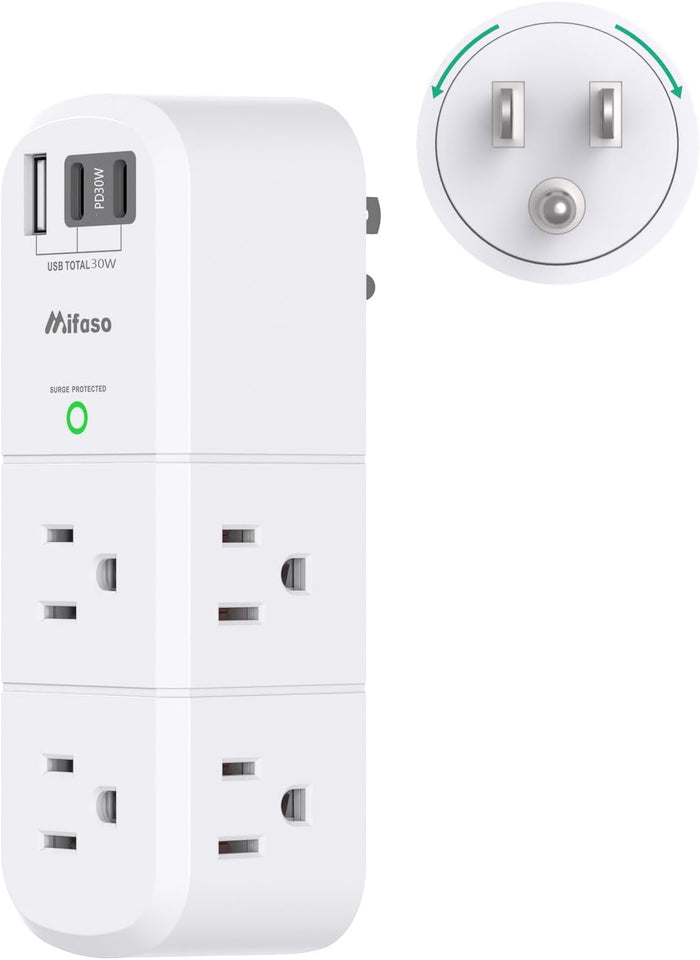 mifaso 3 sided swivel rotating plug surge protector with 6 ac multi plug wall outlets and 3 usb ports