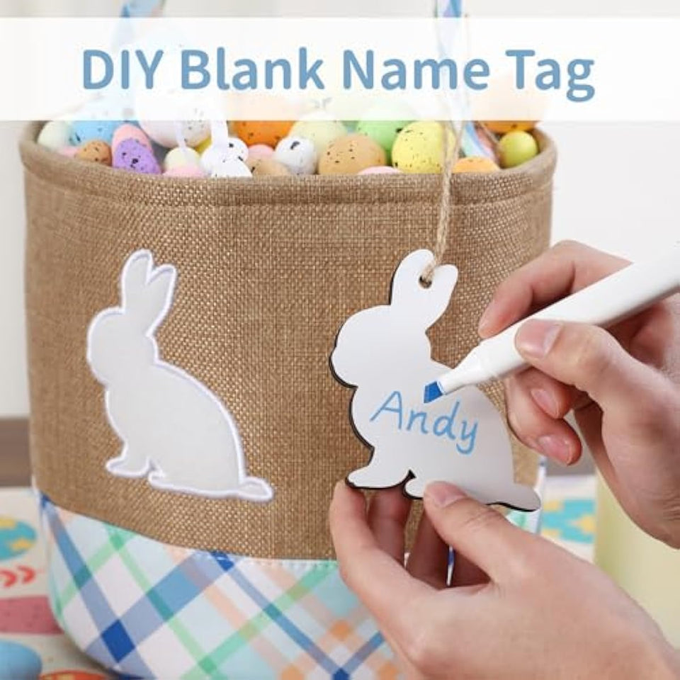 Easter Basket – Bunny Basket with DIY Blank Wooden Bunny Tag for Kids, Boys, Girls, Easter Egg Hunt, Candy Gift Storage (Bule)