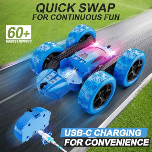 Remote Control Car, RC Cars Toys for Kids Ages 6-12, 4WD Stunt Car with LED Lights & 360° Flips, 2.4GHz, Upgraded USB-C Modular Batteries, 8-10 Year Old Boys Birthday Gift 1-Blue