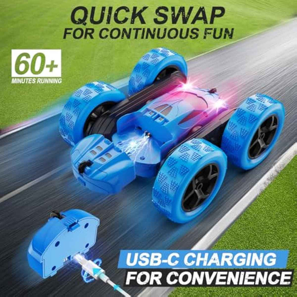 blue remote control car, 4wd stunt car with led lights & 360° flips, 2.4ghz, upgraded usb-c modular batteries for kids ages 6-12
