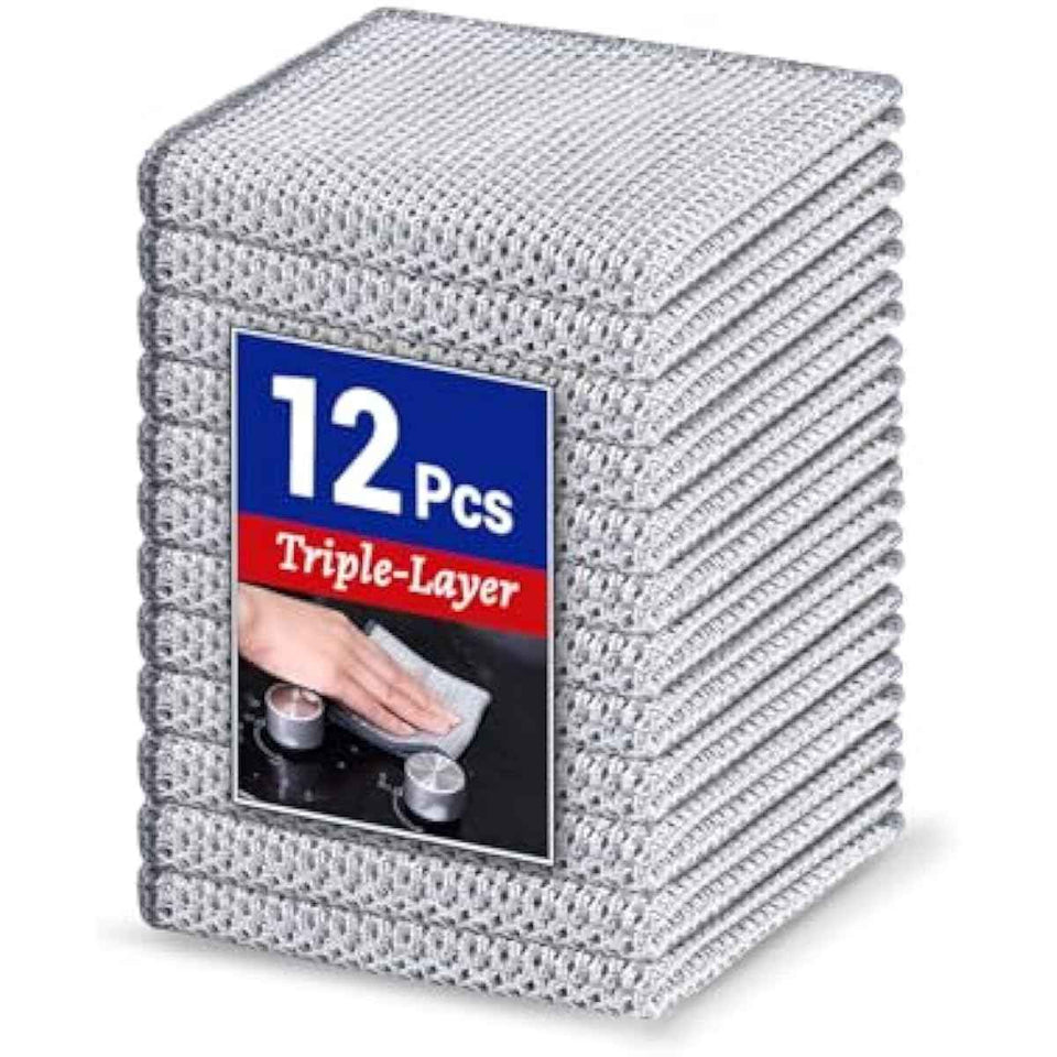 12 PCS 3-Layer Non-Scratch Multipurpose Steel Wire Dishcloths - Reusable Quick-Dry Odor-Free Scrub Cloths