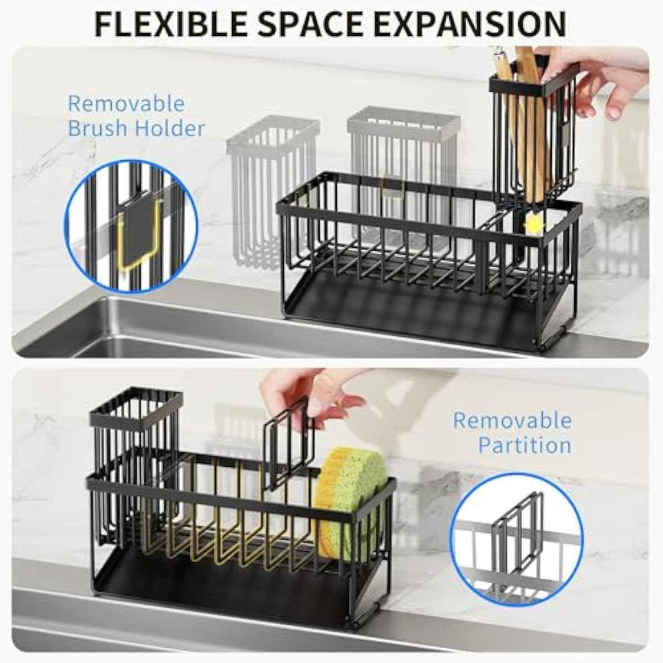 Cisily stainless steel sink caddy with self-drain tray and brush holder for kitchen sink organization