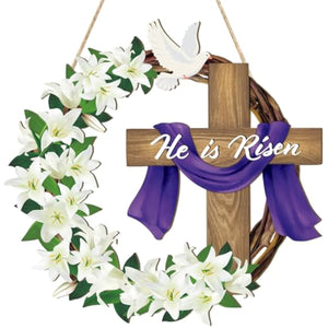 He is Risen Wooden Wreaths for Front Door - Christian Jesus Lily Flowers Ornaments Hanging Crafts - Spring Home Farmhouse Party Porch Decor