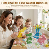 Easter Decor, 4 Pcs Bunny Spring Easter Decorations for Home Office Table, 5~6.4 Inches Wood Rabbit Easter Decorations Sign with Ribbons for Tiered Tray Mantel Shelf, Farmhouse Party Supplies