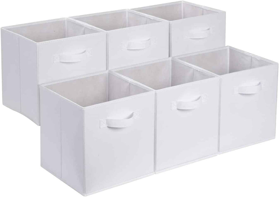 Amazon Basics Collapsible Fabric Storage Cubes Organizer with Handles, Sturdy, Beige, 10.5-x-10.5-x-11-inch, Pack of 6
