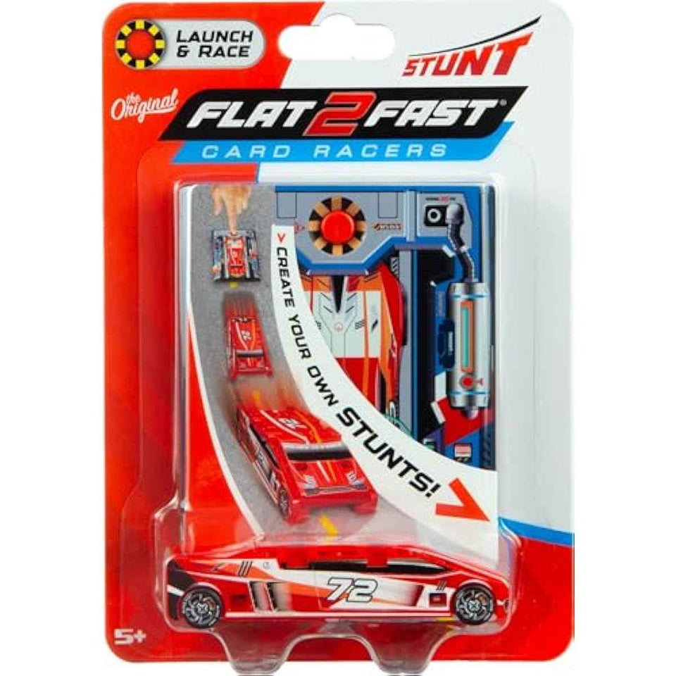 FLAT 2 FAST Original Stunt Card Racer – Flat Car Racer and Pocket Size Racecar Launcher with Built-in Button for Stunt Launching and Racing – Compact – Crimson Red