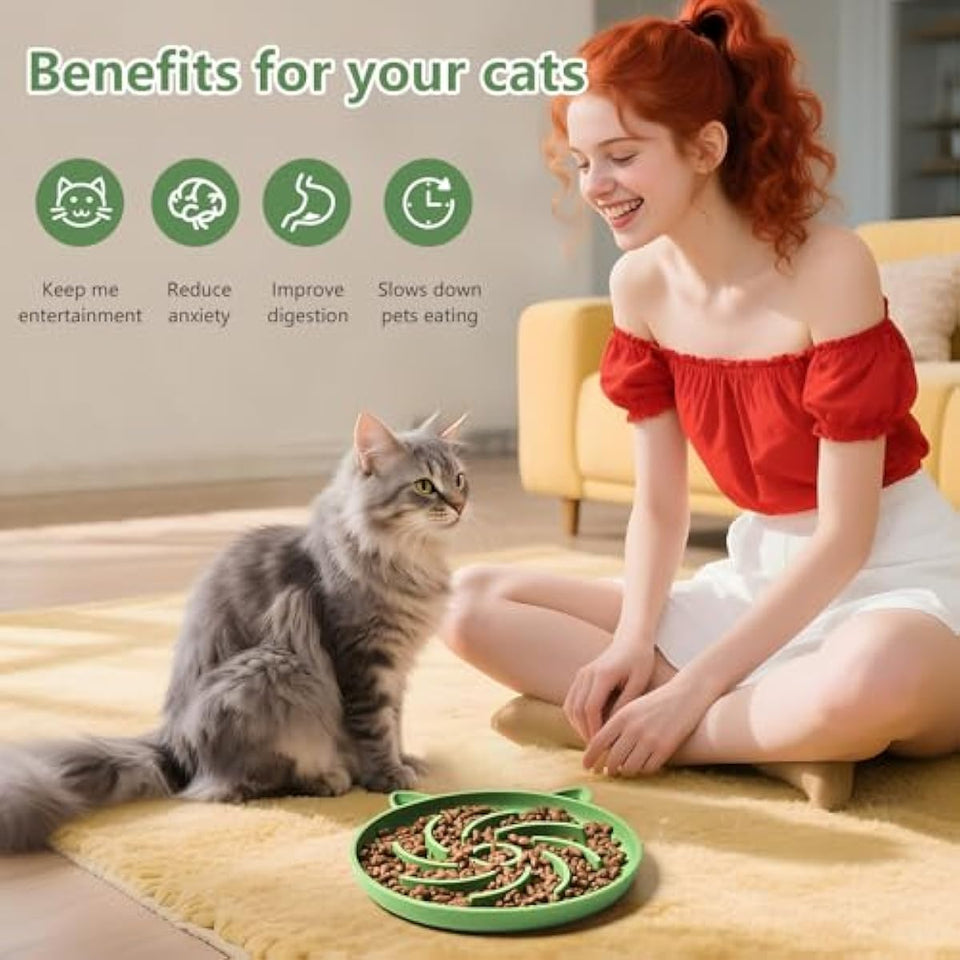 2Pcs Silicone Slow Feeder Cat Bowl,Puzzle Feeder,Interactive Toys,Slow Feeding cat Bowl Suitable for All Dry and Wet Foods,Easy to Clean Silicone Bowls (Green and Blue)