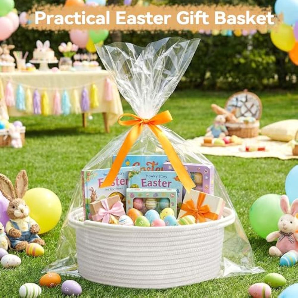 Pro Goleem Small Woven Easter Basket with Gift Bags and Ribbons Durable Burr Baskets for Gifts Empty Small Rope Basket for Storage 12"X 8" X 5" Baby Toy Baskets with Handles, White