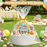 White small woven burr basket with gift bags and ribbons, 12" x 8" x 5", durable storage for gifts, baby toys, and living room essentials