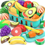 Kids pretend play cutting food toys with storage basket and knives, educational gift for toddlers