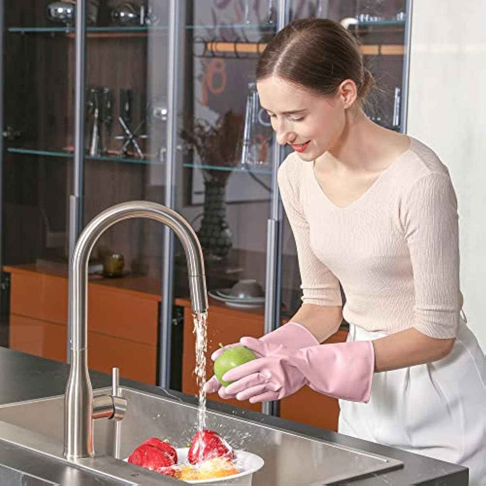cooljob medium household rubber gloves with cotton liner non-slip grip and waterproof kitchen and bathroom cleaning gloves light pink 1 pair
