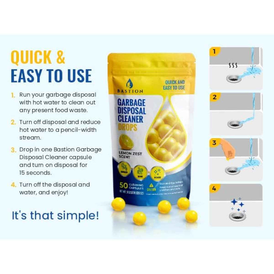 Bastion Garbage Disposal Cleaner and Deodorizer Drops- [[50-Count]] Lemon Zest Scented Kitchen Sink Freshener Pods & Drain Odor Eliminator Disposer Care Balls